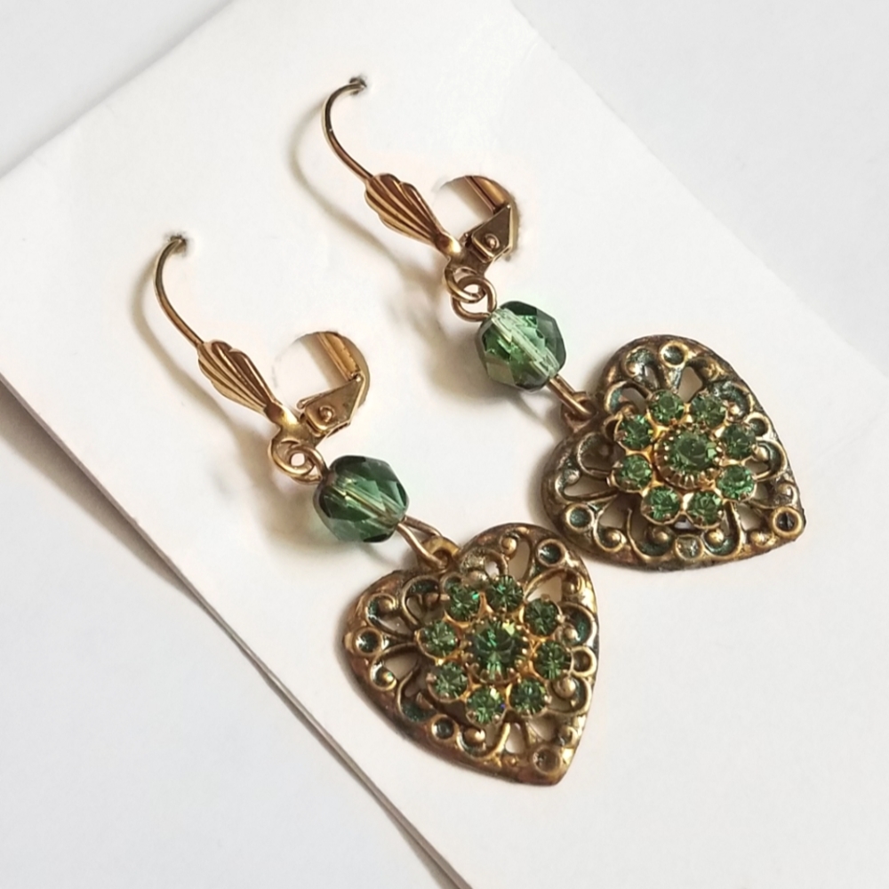 Hand Crafted Hearted Shaped Green Rhinestone Earrings